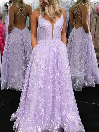 A-line V-neck Tulle Sweep Train Appliques Lace Prom Dresses #Favs020107527 A-line V-neck Tulle Sweep Train Appliques Lace Prom Dresses #Favs020107527