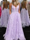 A-line V-neck Tulle Sweep Train Appliques Lace Prom Dresses #Favs020107527