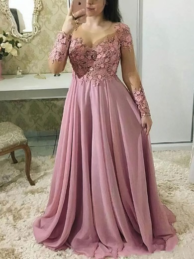 A-line Scalloped Neck Chiffon Sweep Train Appliques Lace Prom Dresses #Favs020107528
