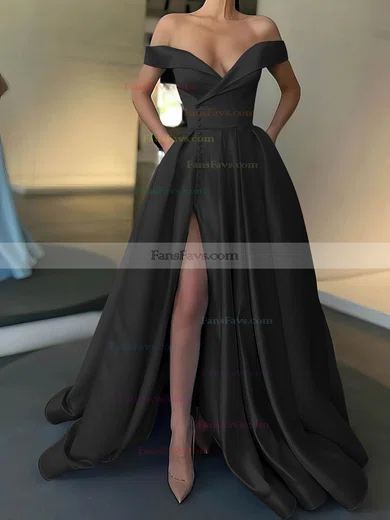 A-line Off-the-shoulder Satin Sweep Train Pockets Prom Dresses #Favs020107529