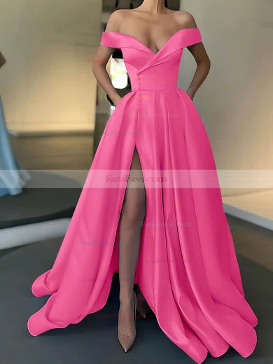 A-line Off-the-shoulder Satin Sweep Train Pockets Prom Dresses #Favs020107529