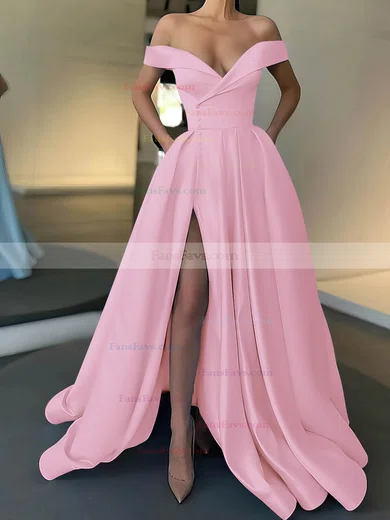 A-line Off-the-shoulder Satin Sweep Train Pockets Prom Dresses #Favs020107529