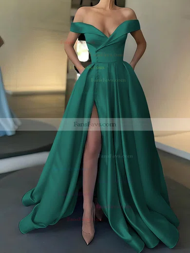 A-line Off-the-shoulder Satin Sweep Train Pockets Prom Dresses #Favs020107529