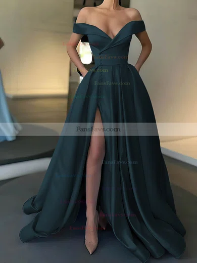 A-line Off-the-shoulder Satin Sweep Train Pockets Prom Dresses #Favs020107529