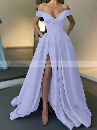 A-line Off-the-shoulder Satin Sweep Train Pockets Prom Dresses #Favs020107529