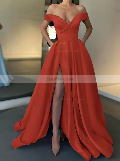A-line Off-the-shoulder Satin Sweep Train Pockets Prom Dresses #Favs020107529