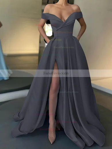 A-line Off-the-shoulder Satin Sweep Train Pockets Prom Dresses #Favs020107529