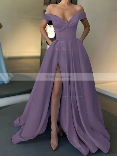 A-line Off-the-shoulder Satin Sweep Train Pockets Prom Dresses #Favs020107529