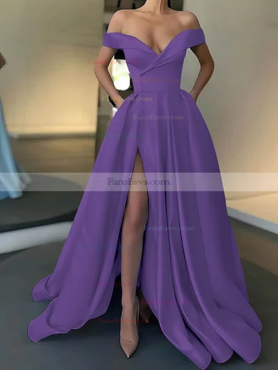 A-line Off-the-shoulder Satin Sweep Train Pockets Prom Dresses #Favs020107529