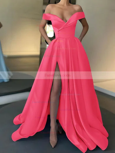 A-line Off-the-shoulder Satin Sweep Train Pockets Prom Dresses #Favs020107529