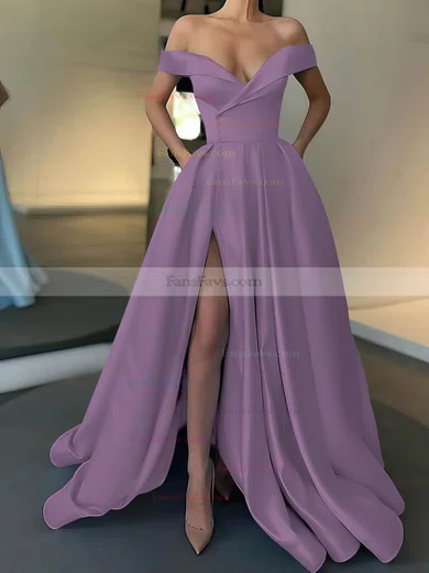 A-line Off-the-shoulder Satin Sweep Train Pockets Prom Dresses #Favs020107529