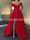 A-line Off-the-shoulder Satin Sweep Train Pockets Prom Dresses #Favs020107529