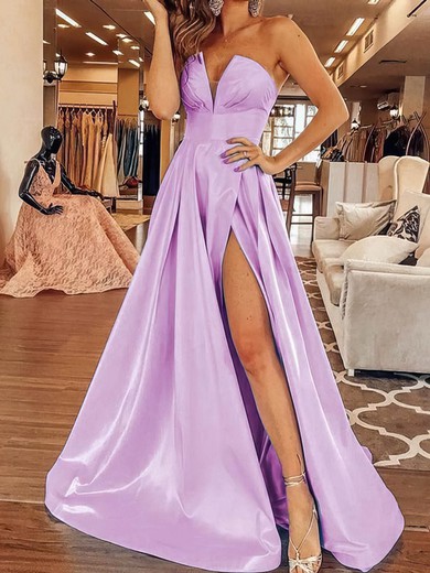 A-line Strapless Silk-like Satin Sweep Train Split Front Prom Dresses #Favs020107532
