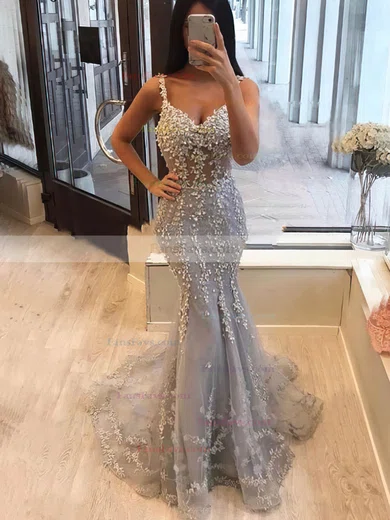 Trumpet/Mermaid V-neck Tulle Sweep Train Beading Prom Dresses #Favs020107534