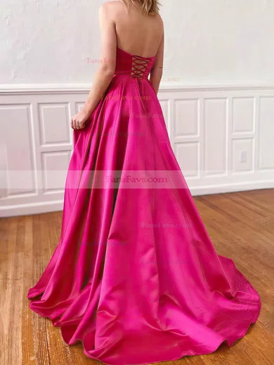 A-line Strapless Satin Sweep Train Pockets Prom Dresses #Favs020107541