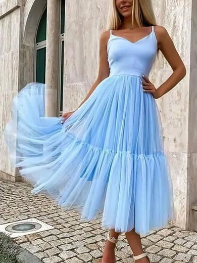 A-line V-neck Tulle Tea-length Prom Dresses #Favs020107552