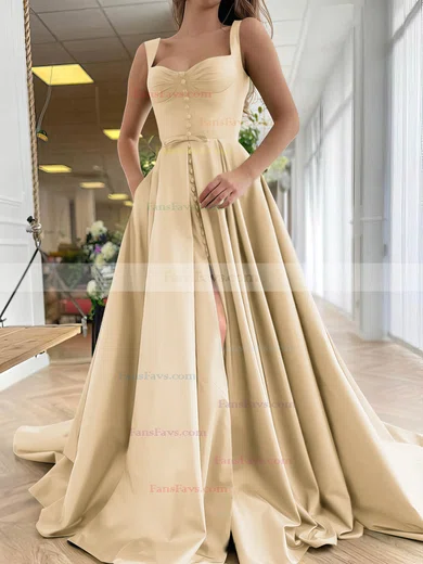 A-line Sweetheart Satin Sweep Train Bow Prom Dresses #Favs020107557