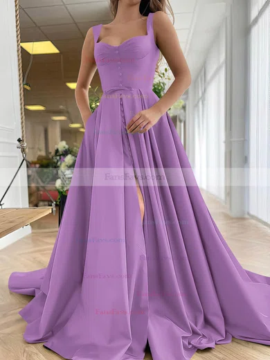 A-line Sweetheart Satin Sweep Train Bow Prom Dresses #Favs020107557