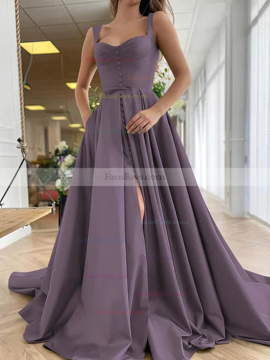 A-line Sweetheart Satin Sweep Train Bow Prom Dresses #Favs020107557