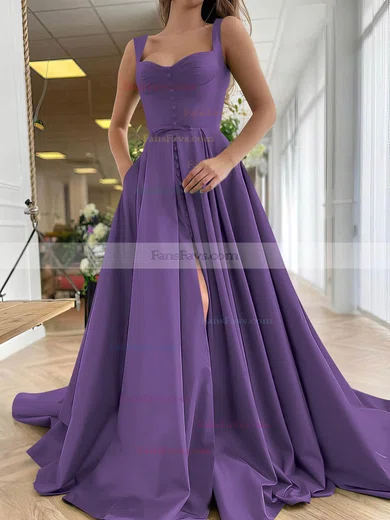 A-line Sweetheart Satin Sweep Train Bow Prom Dresses #Favs020107557