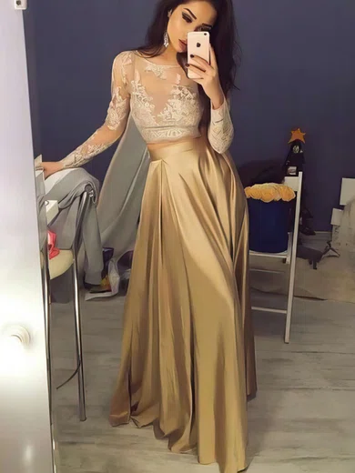 A-line Scoop Neck Lace Satin Floor-length Prom Dresses #Favs020104577