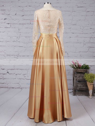 A-line Scoop Neck Lace Satin Floor-length Prom Dresses #Favs020104577