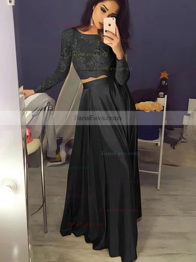 A-line Scoop Neck Lace Satin Floor-length Prom Dresses #Favs020104577