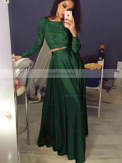 A-line Scoop Neck Lace Satin Floor-length Prom Dresses #Favs020104577