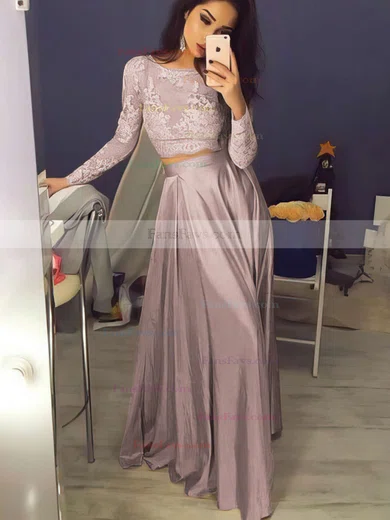 A-line Scoop Neck Lace Satin Floor-length Prom Dresses #Favs020104577