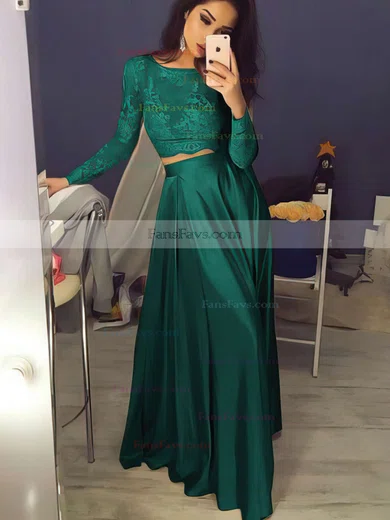 A-line Scoop Neck Lace Satin Floor-length Prom Dresses #Favs020104577