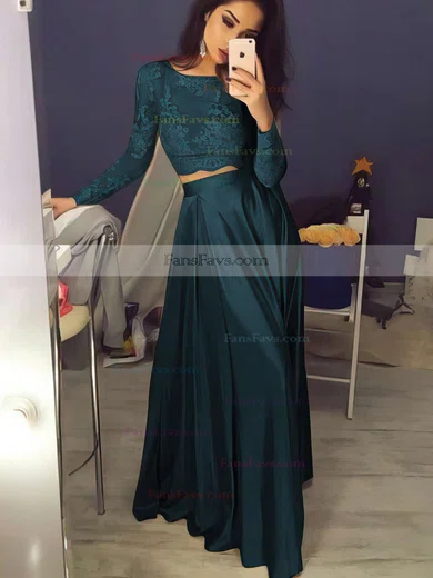 A-line Scoop Neck Lace Satin Floor-length Prom Dresses #Favs020104577