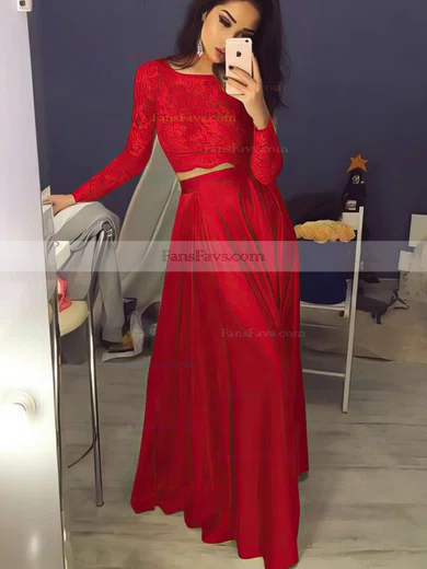 A-line Scoop Neck Lace Satin Floor-length Prom Dresses #Favs020104577