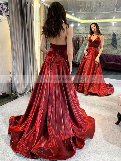 A-line V-neck Satin Sweep Train Prom Dresses #Favs020107566