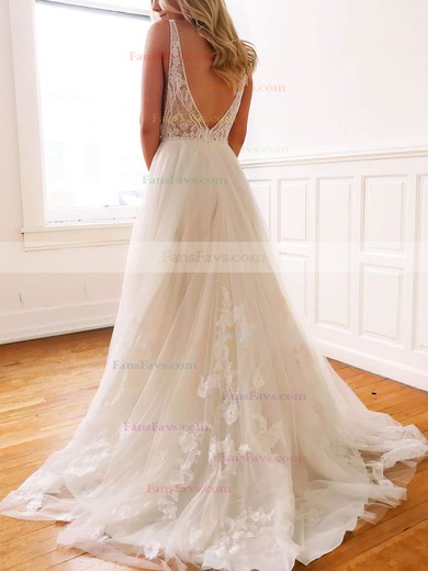 A-line V-neck Tulle Sweep Train Appliques Lace Prom Dresses #Favs020107568