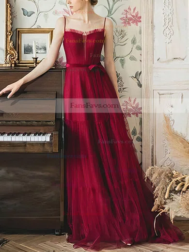 A-line Square Neckline Tulle Sweep Train Sashes / Ribbons Prom Dresses #Favs020107569