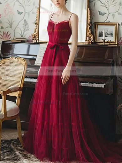 A-line Square Neckline Tulle Sweep Train Sashes / Ribbons Prom Dresses #Favs020107569