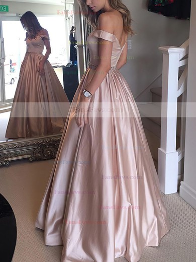 Ball Gown Off-the-shoulder Satin Floor-length Beading Prom Dresses #Favs020104578