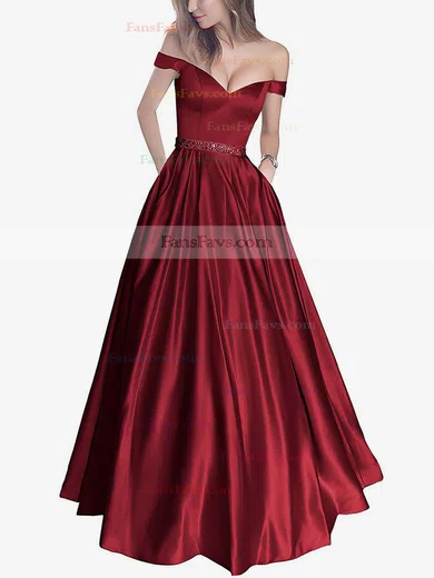 Ball Gown Off-the-shoulder Satin Floor-length Beading Prom Dresses #Favs020104578