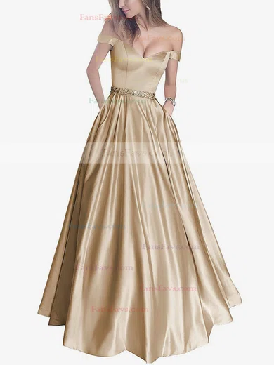 Ball Gown Off-the-shoulder Satin Floor-length Beading Prom Dresses #Favs020104578