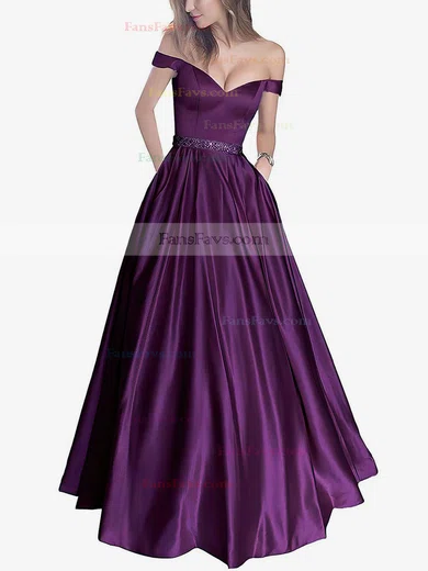 Ball Gown Off-the-shoulder Satin Floor-length Beading Prom Dresses #Favs020104578