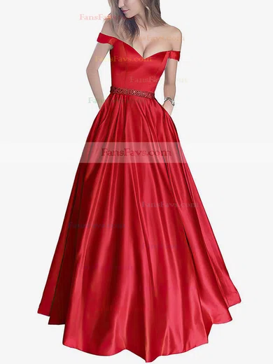 Ball Gown Off-the-shoulder Satin Floor-length Beading Prom Dresses #Favs020104578