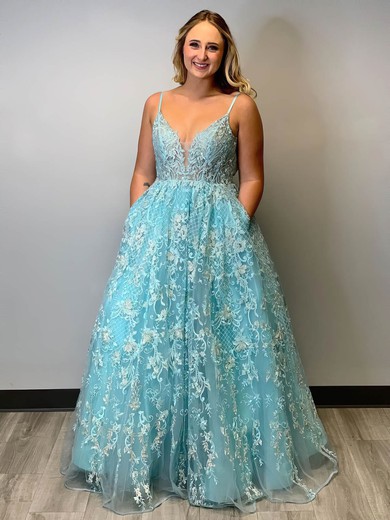 Ball Gown V-neck Tulle Sweep Train Appliques Lace Prom Dresses #Favs020107570