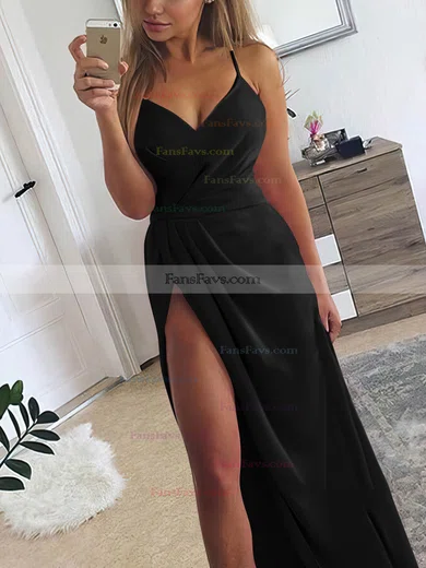 A-line V-neck Silk-like Satin Sweep Train Ruffles Prom Dresses #Favs020107573