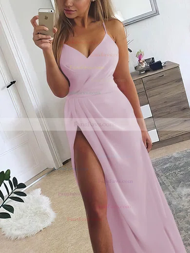 A-line V-neck Silk-like Satin Sweep Train Ruffles Prom Dresses #Favs020107573