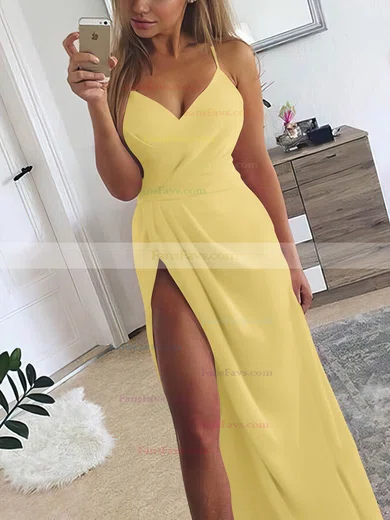 A-line V-neck Silk-like Satin Sweep Train Ruffles Prom Dresses #Favs020107573