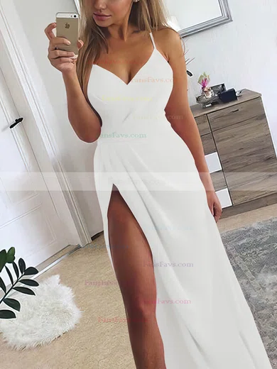 A-line V-neck Silk-like Satin Sweep Train Ruffles Prom Dresses #Favs020107573