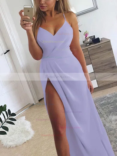 A-line V-neck Silk-like Satin Sweep Train Ruffles Prom Dresses #Favs020107573