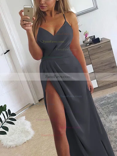 A-line V-neck Silk-like Satin Sweep Train Ruffles Prom Dresses #Favs020107573