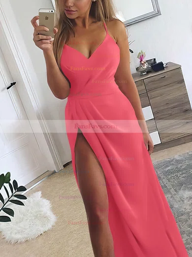 A-line V-neck Silk-like Satin Sweep Train Ruffles Prom Dresses #Favs020107573