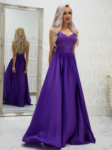 A-line V-neck Silk-like Satin Sweep Train Appliques Lace Prom Dresses #Favs020107574
